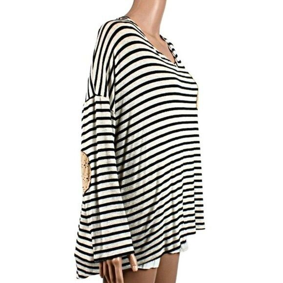 Top Pullover Striped Knit Long Sleeve Suede Elbow Patch & Pocket White Black 3X - Picture 2 of 4